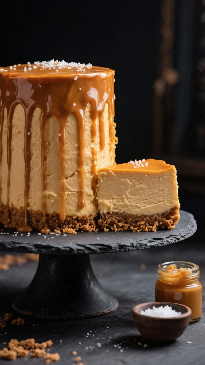 Straight-on hero shot of a tall New York–Style Pumpkin Cheesecake with a salted caramel drip: tight graham cracker crust (graham crumbs, sugar, melted butter, fine sea salt) and dense, ultra-smooth pumpkin cheesecake body, crowned with glossy ribbons of salted caramel cascading down the sides. Slice removed to show creamy interior and defined crust layer. Plate on a dark slate cake stand with a small jar of salted caramel and a pinch bowl of sea salt nearby. Dramatic, big-city vibe with moody lighting and crisp focus.