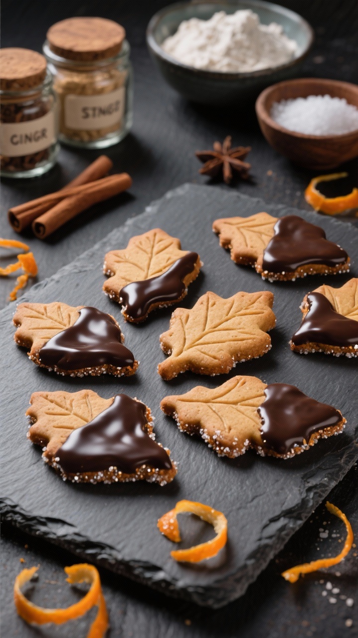 Straight-on hero shot of Chocolate-Dipped Gingerbread Leaves arranged on a slate board: crisp leaf-shaped gingerbread cookies half-dipped in glossy dark chocolate, edges sparkling with orange-infused sugar; spice jars in the background labeled ginger, cinnamon, and cloves, plus bowls of flour, baking soda, baking powder, and fine sea salt subtly included; orange zest curls scattered for color; contrasty light to emphasize the snap of the chocolate and embossed leaf veins, sophisticated holiday vibe with minimal, elegant props.