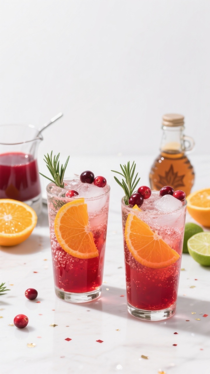 Non-alcoholic Thanksgiving Drinks for the Whole Family You’ll Crave All Season Straight-on hero shot of Cranberry-Orange Rosemary Spritz in tall Collins glasses over ice, vibrant ruby-red with orange juice glow, topped with chilled soda water for visible fizz. Garnished with fresh orange wheels, whole cranberries, and a sprig of rosemary in each glass; a small pitcher of cranberry juice, a juicer with halved oranges and limes, and a maple syrup jar in soft focus behind. Clean white background, holiday-confetti vibe, high contrast highlights to emphasize sparkle.