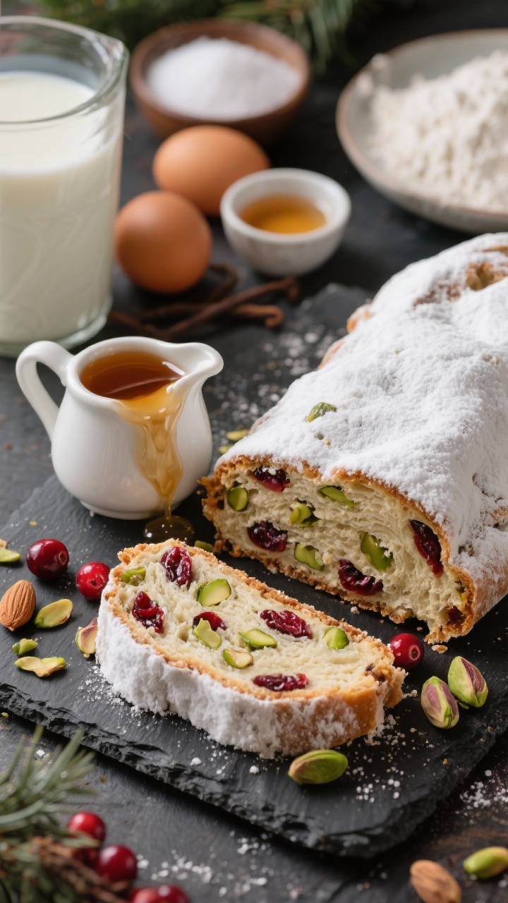 Straight-on hero shot of Cranberry Pistachio Stollen, loaf sliced to reveal jeweled dried cranberries and green pistachios studding a rich, tender crumb, coated with a snowy layer of powdered sugar; a small pitcher of glossy almond rum glaze mid-drip over one slice; include background ingredients: warmed milk (110°F), instant yeast, sugar, two eggs, vanilla and almond extracts, all-purpose flour, fine salt, and a small ramekin of rum; placed on a dark slate for contrast, cozy holiday mood with muted greens and reds.