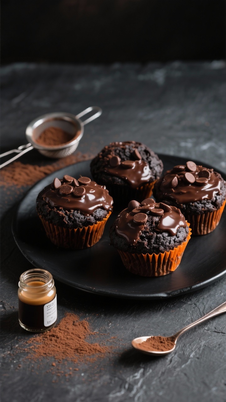 Pumpkin Muffins You’ll Crave All Year Long Straight-on hero shot of double chocolate pumpkin muffins on a matte black plate, glossy melted chocolate chips on top and cocoa-rich, nearly black crumb with a hint of orange hue at the break. Include small props: a sieve dusted with cocoa powder, a tiny jar labeled instant espresso, and a spoon trail of cocoa on a slate surface. Dramatic moody lighting with soft rim light to highlight chocolate sheen; ultra-appetizing, dessert-like vibe.