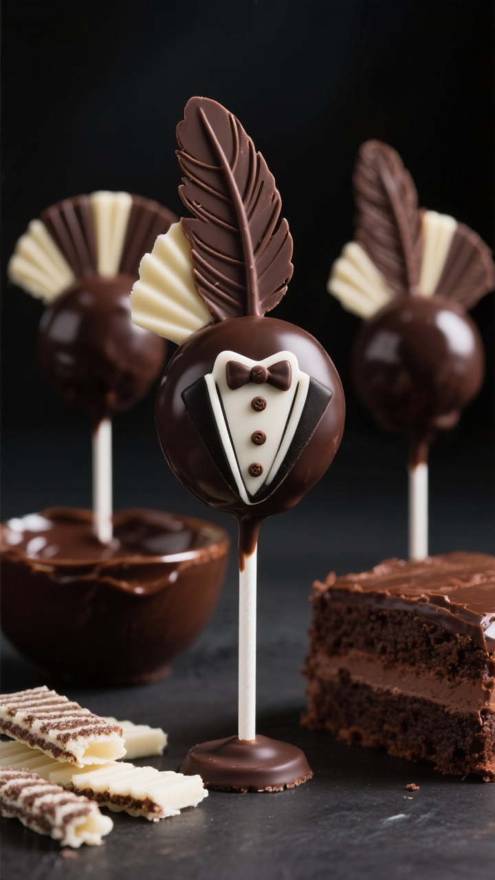 Straight-on hero shot of Turkey Tuxedo chocolate cake pops with chocolate feathers: dark chocolate–dipped pops wearing a white chocolate “tuxedo” V on the front, tiny chocolate button details, and fan-shaped milk/dark chocolate feather accents behind each pop. One pop on a pedestal, others arranged in staggered height for depth; a bowl of melted dark chocolate, white chocolate wafers, and rich chocolate cake crumbs subtly blurred in the background. High-contrast, moody lighting to highlight glossy coatings and clean tuxedo lines, playful yet elegant holiday presentation.