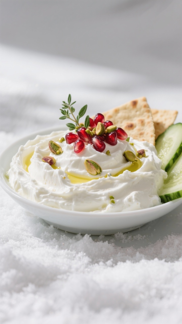 Straight-on hero shot of whipped feta snowdrift dip mounded in a shallow white bowl: ultra-smooth, airy feta-cream cheese-Greek yogurt blend with soft peaks, drizzled with extra-virgin olive oil. Topped with jewel-like pomegranate arils and crushed pistachios for color and crunch, with a few thyme or mint leaves for freshness. Serve with crisp pita chips and cucumber spears on the side. Bright, wintry whites contrasted with ruby and emerald accents; soft shadows, creamy texture emphasized, clean modern background.