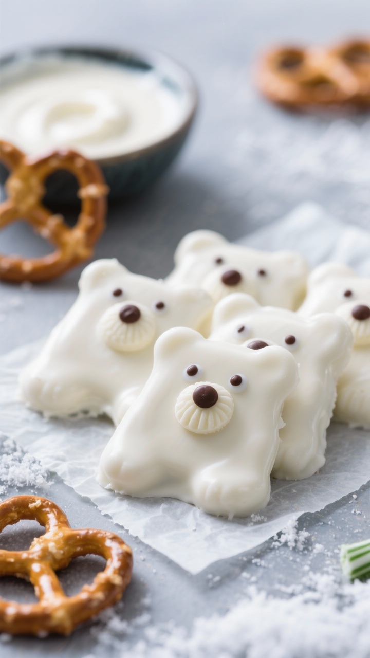 Straight-on, high-contrast shot of Peppermint Pretzel Polar Bears: mini pretzel twists dipped in glossy white chocolate (melted with a bit of coconut oil and a touch of peppermint extract), set on parchment; each bear face finished with candy eyes and a mini white chocolate wafer for a snout, tiny chocolate dot for the nose; a bowl of melted white chocolate in the background, a few undipped pretzels in front for texture; cool-toned styling to emphasize the peppermint-fresh, wintery vibe.
