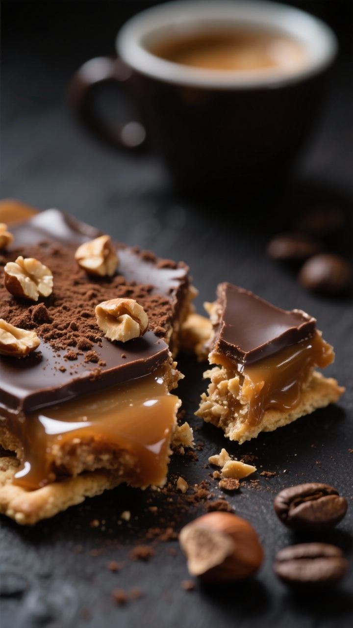 Straight-on macro of Espresso Hazelnut Crackle in mid-break: ultra-smooth, slightly glassy toffee made with granulated sugar and a touch of light corn syrup for clarity, poured over a cracker base, capped with dark chocolate dusted with finely ground espresso and scattered with toasted chopped hazelnuts; visible crisp snap where a shard is being cracked apart (no hands), coffee beans and an espresso cup blurred in the background; moody, dark backdrop to amplify contrast and sheen.