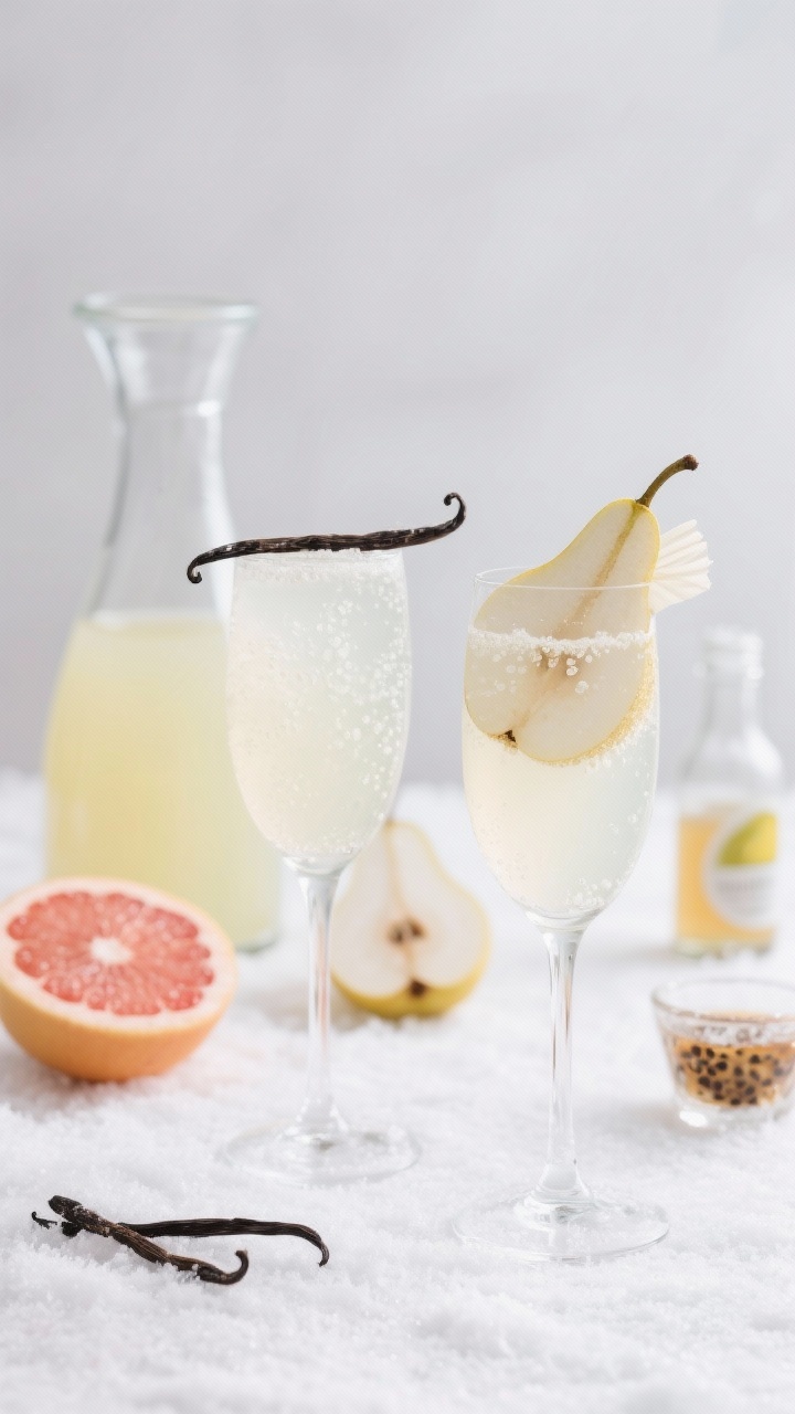 Straight-on minimalist composition of White Christmas Citrus Spritz with Pear and Vanilla in tall stemmed glasses, pale pearlescent color and fine bubbles, garnished with a thin pear fan and a split vanilla bean resting across the rim. Stage on a frosty white surface with soft, cool light; behind, neatly arranged ingredients: a carafe of fresh lemon juice, white grapefruit halves, a bottle of pear nectar, and a small glass of vanilla bean syrup (with visible seeds). Snowy, elegant mood, clean lines, high key exposure, no clutter.