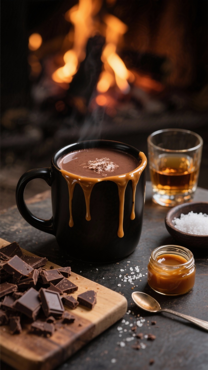 Straight-on, moody fireside presentation of Grown-Up Cocoa (Salted Caramel + Bourbon): a matte black mug filled with thick, glossy bittersweet hot chocolate made from whole milk, heavy cream, and cocoa, ribboned with caramel sauce drizzles down the rim; a small glass of bourbon off to the side, a pinch dish of flaky sea salt ready to sprinkle; chopped bittersweet chocolate on a board, extra caramel in a jar with a spoon; warm, low key lighting with ember-like glow, emphasizing indulgent, adult dessert vibes.