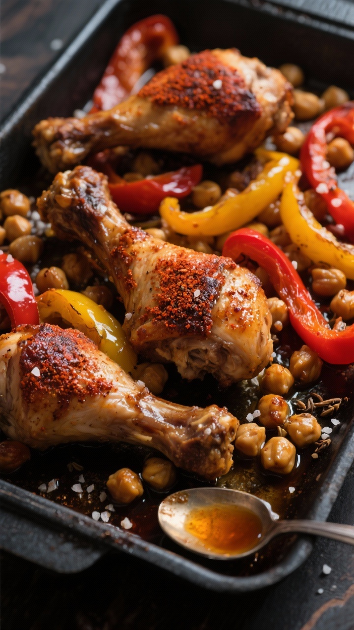 Straight-on, moody pan roast of smoky paprika chicken with peppers and chickpeas: bone-in drumsticks deeply bronzed with smoked paprika, cumin, and garlic powder; ribbons of red and yellow bell peppers softened and glossy; chickpeas roasted until blistered at the edges; coarse salt crystals visible; served in a dark sheet pan, with a spoonful of pan juices pooling at the bottom, rich warm tones.