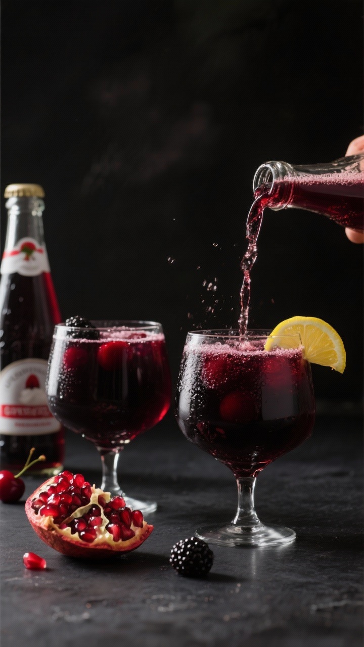 Straight-on moody presentation of Santa’s Midnight Berry-Cherry Punch with Sparkling Pomegranate: dark jewel-toned punch poured into stemless wine glasses, showcasing tart cherry juice and pomegranate juice blended with silky blackberry puree, brightened by fresh lemon juice; a thin stream of sparkling pomegranate soda caught mid-pour for effervescence; sweetness hinted with grenadine/pomegranate molasses bottle nearby; garnished with pomegranate arils and a twist of lemon; set against a charcoal backdrop with low, dramatic side lighting to highlight midnight hues and fine bubbles, creating an elegant holiday feel.