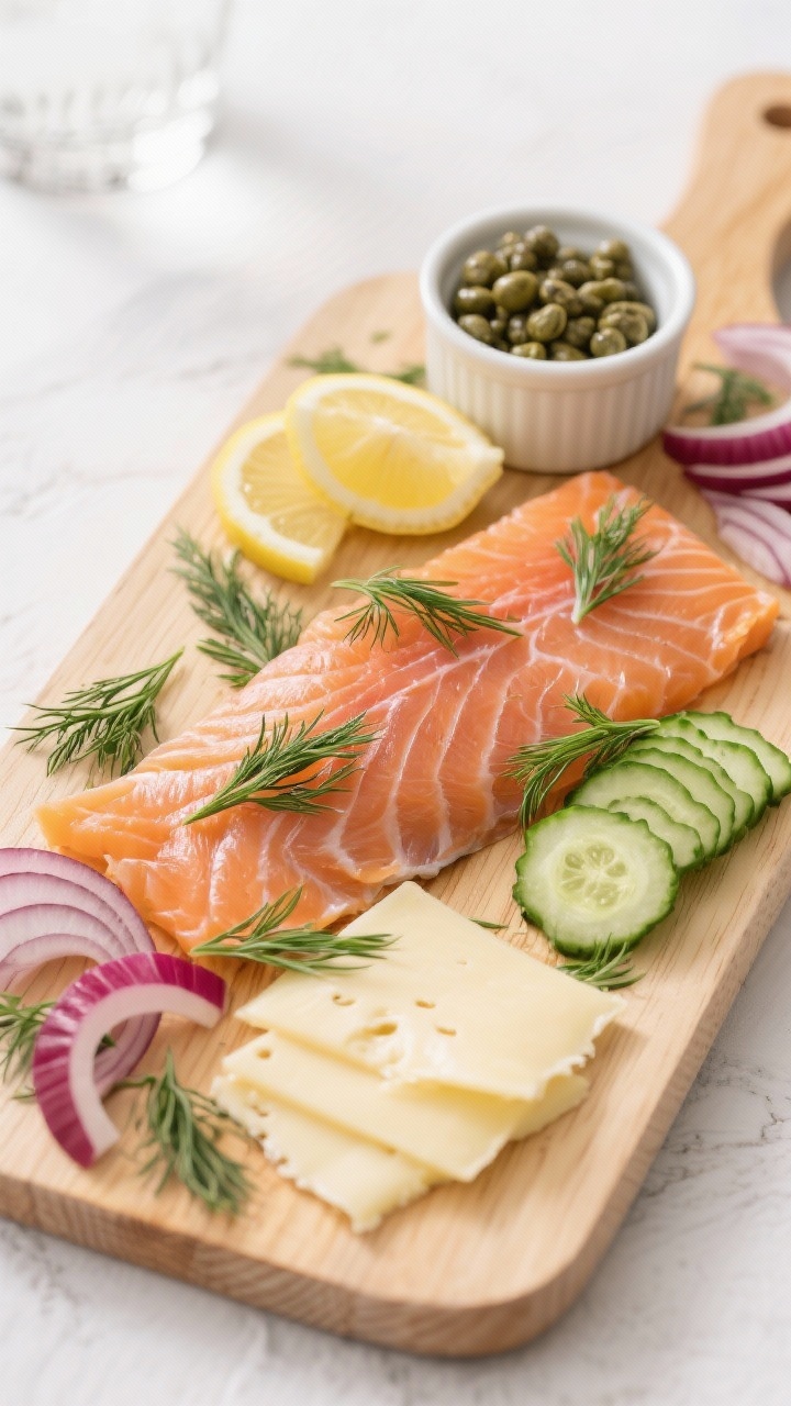 15 Festive Christmas Charcuterie Board Ideas for Holiday Parties That Wow Straight-on Nordic smoked salmon and dill board on blond wood: silky smoked salmon and optional gravlax slices draped, dill Havarti/Jarlsberg slices, a ramekin of capers, thin red onion crescents, lemon rounds, and thin cucumber ribbons; fresh dill scattered; cool Scandinavian palette, clean lines, crisp focus on salmon sheen.
