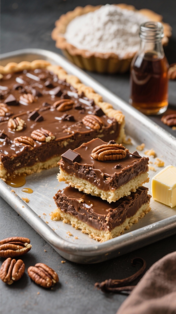 Straight-on pan shot of Chocolate Pecan Pie Bars: shortbread crust (flour, powdered sugar, cold butter) topped with a gooey pecan filling made with brown sugar, syrup, eggs, melted butter, vanilla, and studded with chocolate; clean-cut bars stacked slightly to show layers; ingredients arranged: pecans, syrup bottle, butter cubes; rich contrast, crisp edges emphasized.