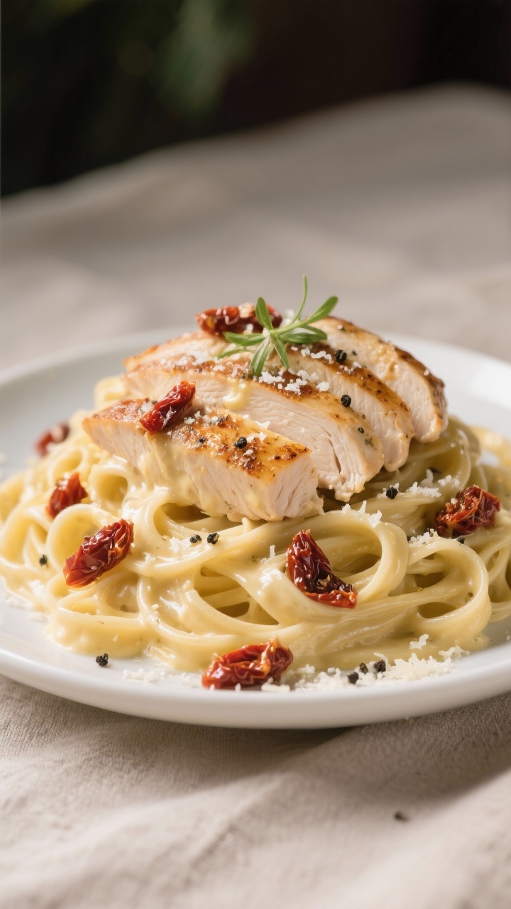 Straight-on plated beauty shot of Sun-Dried Tomato Alfredo Tuscan Chicken Pasta: pounded and sliced chicken breasts seared in butter and olive oil, seasoned with kosher salt, black pepper, and garlic powder; fettuccine swirled high in an extra-creamy Alfredo sauce studded with chopped sun-dried tomatoes; glossy sauce clinging to strands, micro-grated Parmesan snowfall, cracked pepper on top. Neutral linen backdrop, gentle bokeh, rich and indulgent look, no human elements.