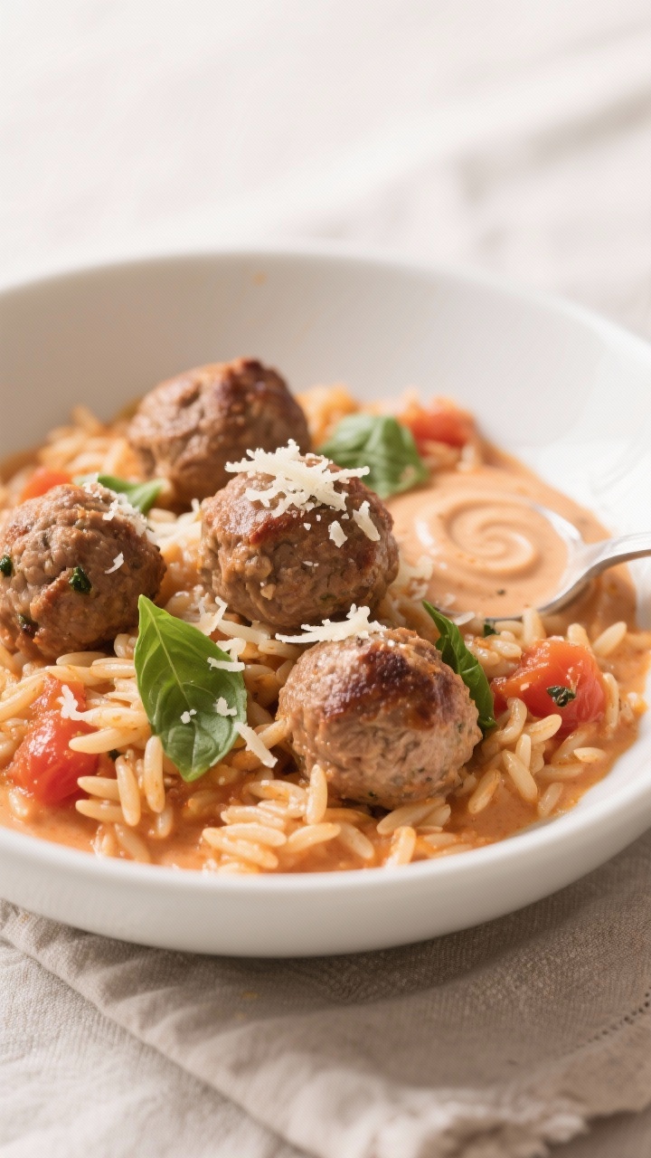 Healthy One-pan Meals for a Stress-free Week You’ll Actually Crave Straight-on plated bowl of creamy tomato-basil orzo with turkey meatballs: tender, browned turkey meatballs (made with ground turkey, whole-wheat breadcrumbs, egg, garlic, grated Parmesan, dried Italian seasoning, salt and black pepper) nestled into silky tomato-basil orzo; visible torn basil leaves, grated Parmesan snowfall, spoon swirl showing creaminess; one-pot comfort-food vibe, matte white bowl on a neutral linen, soft diffused light.
