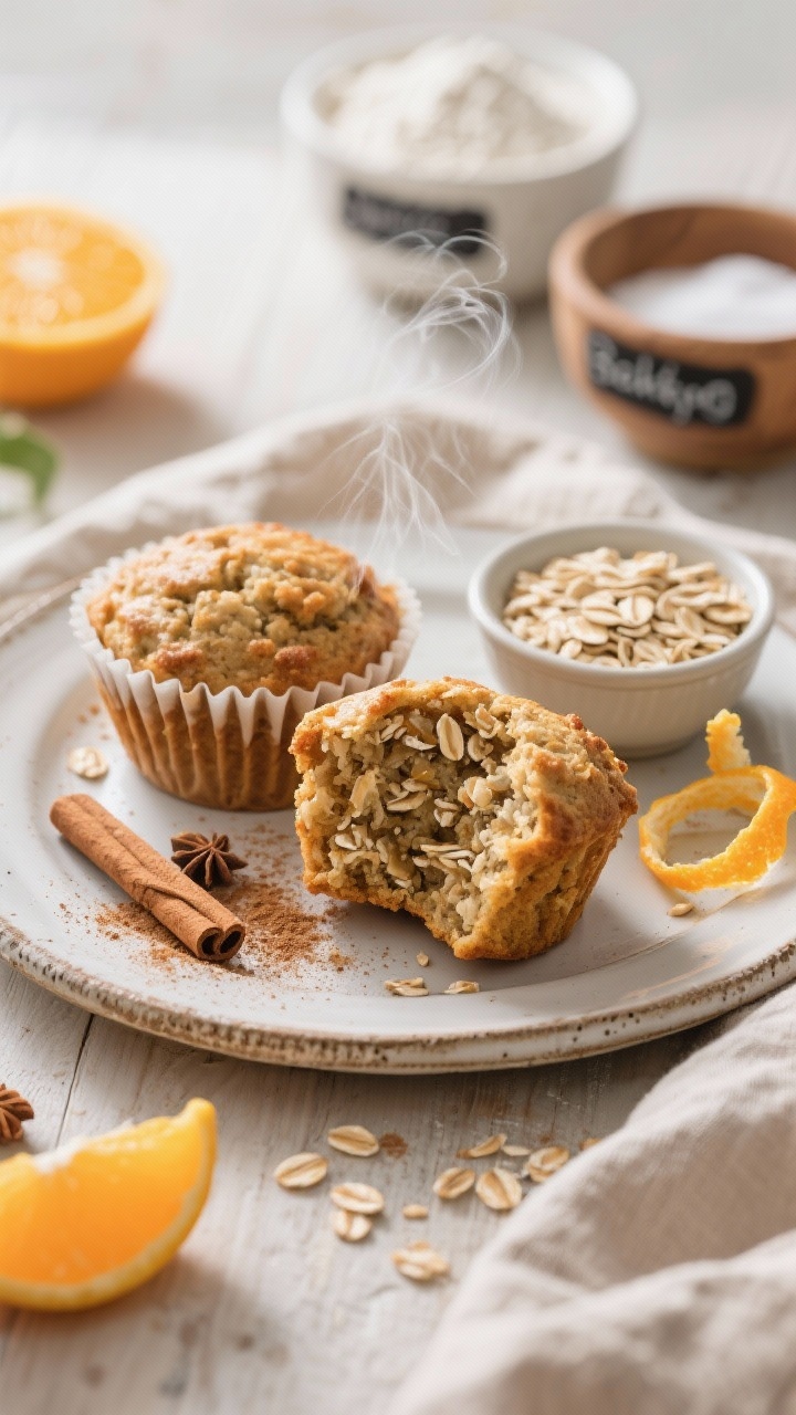 Healthy and Low-sugar Christmas Baking Recipes That’ll Steal the Cookie Tray Straight-on, plated breakfast scene of spiced orange-oat morning muffins on a rustic plate, one muffin split open to reveal tender oat crumb. Include a small bowl of old-fashioned rolled oats, a dusting of ground cinnamon and nutmeg on the surface, and curls of orange zest scattered around. Subtly feature white whole wheat flour, baking powder, and baking soda in labeled pinch bowls in the background. Bright morning light, cozy linen, steam gently rising to suggest just-baked warmth, approachable and wholesome mood.