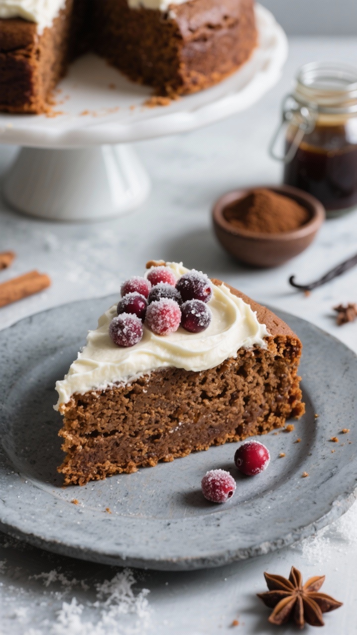 Straight-on plated finale: A thick wedge of Gingerbread Cookie Cake on a matte stone plate, slathered with swoops of tangy cream cheese frosting and crowned with frosty sugared cranberries. The whole cake sits behind on a cake stand, showing its deep molasses-rich crumb and dark brown sugar warmth. Props include a jar of unsulphured molasses, a small bowl of dark brown sugar, vanilla, and ground spices implied by star anise and cloves on the table. Cool winter light with soft shadows, high contrast to make the sugared cranberries sparkle and the frosting look luscious.