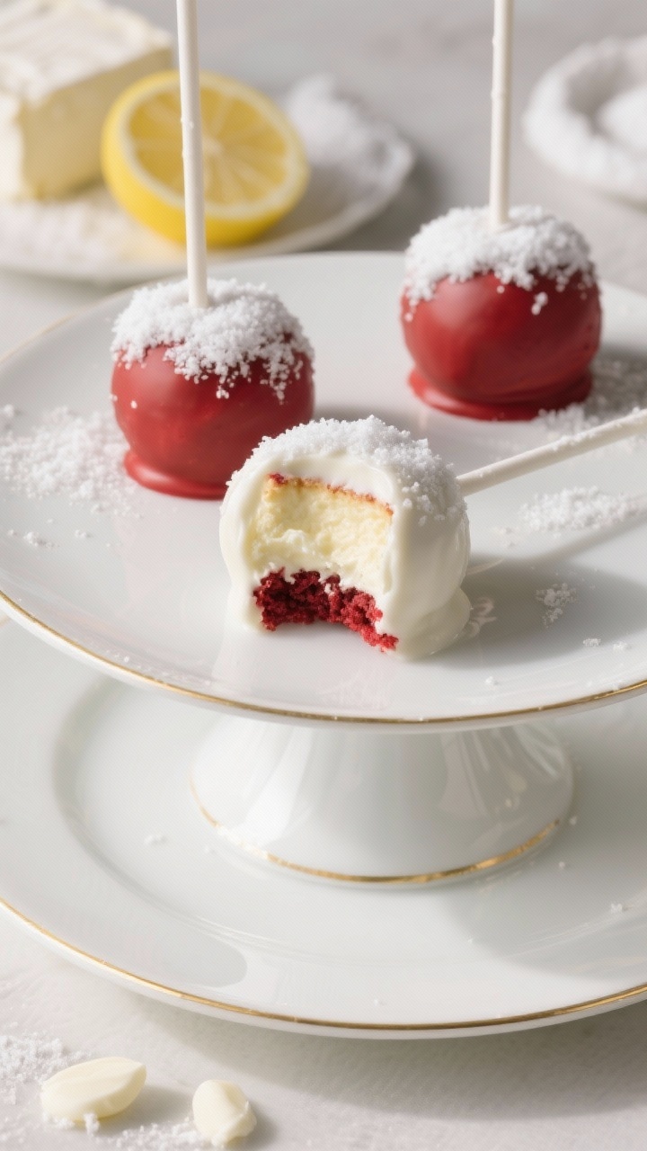 Straight-on plated glamour shot of Snowy Cheesecake-Dipped red velvet pops for luxe guests: cake pops enriched with a cream-cheese-sour-cream mixture kissed with lemon juice and vanilla, dipped in ultra-smooth white candy melts for a snowy shell. Arrange on a white porcelain stand with subtle gold rim; one pop is bitten to reveal velvety red interior and creamy cheesecake-like texture. In the background, ingredients styled minimally: softened cream cheese, powdered sugar, lemon wedge, and extra white candy melts. Soft, elegant lighting with gentle shadows.