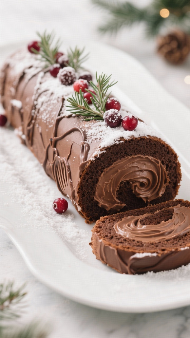 Straight-on, plated hero shot of a no-fuss Yule log (Bûche de Noël): a chocolate sponge rolled with whipped chocolate filling, ends trimmed to reveal swirl; silky chocolate frosting textured with fork tines to mimic bark, lightly dusted with powdered “snow,” decorated with sugared cranberries and small rosemary “pine” sprigs; set on a white platter with a clean slice served beside; soft, elegant lighting for a classic holiday centerpiece.
