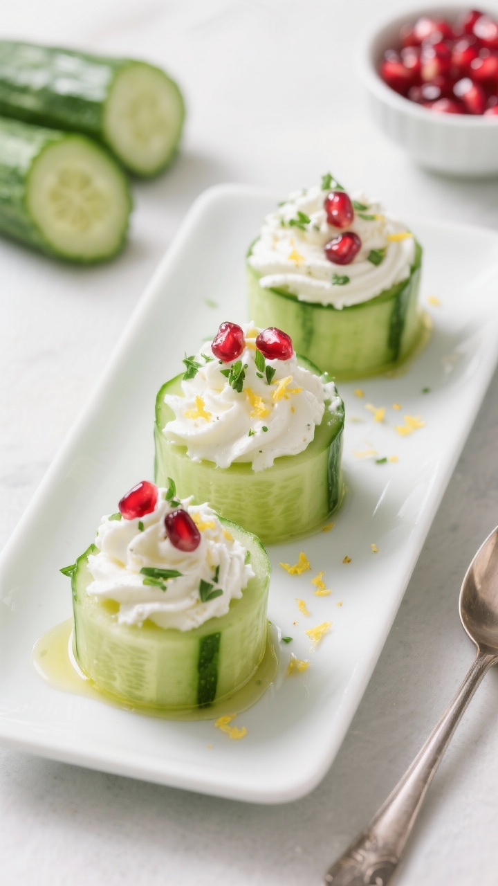 Straight-on plated presentation: Herby whipped feta cucumber cups on a matte white rectangular platter—thick English cucumber rounds hollowed into neat cups, piped with a fluffy whipped feta blend (feta, cream cheese, Greek yogurt, lemon juice and zest, extra-virgin olive oil, chopped fresh herbs), crowned with sparkling pomegranate arils; a light drizzle of olive oil and lemon zest confetti over the top; background props include halved cucumbers, a small bowl of pomegranate seeds, and a spoon with whipped feta; vibrant green, creamy white, and jewel-red color contrast, bright, clean, fresh mood.