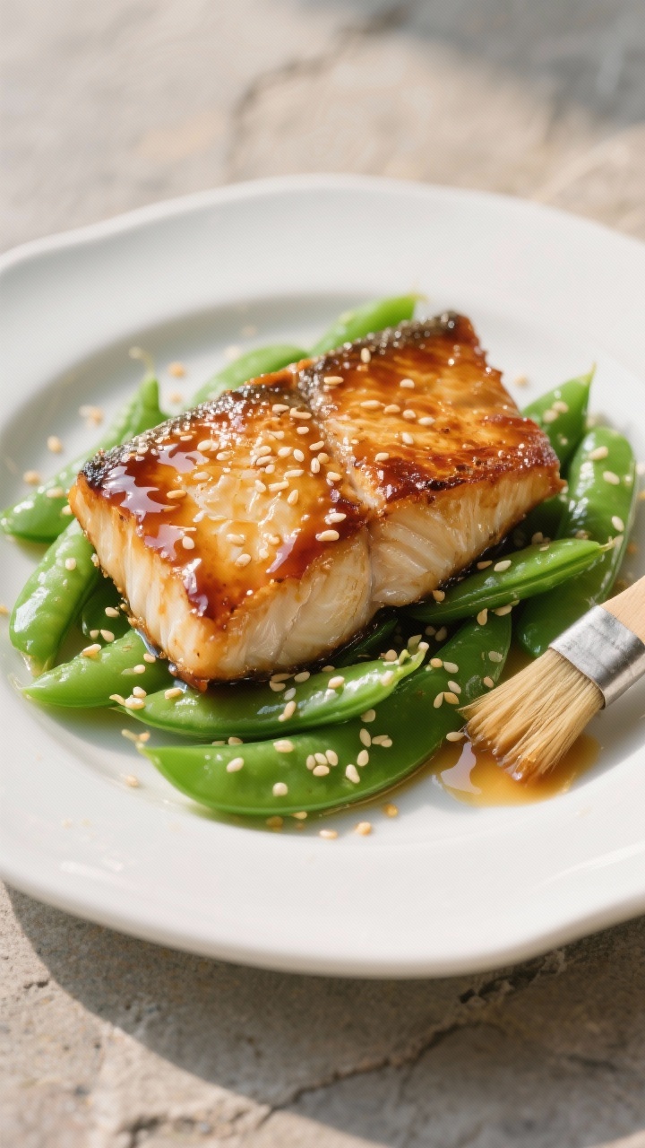 Straight-on plated presentation: miso-ginger glazed cod fillet lacquered with a shiny mix of white miso, honey, low-sodium soy, rice vinegar, and freshly grated ginger, set atop a bed of bright green sesame snap peas; visible sesame seeds and a light glaze on the peas; a small brush with residual glaze to the side; white ceramic plate on a minimalist stone surface, with warm directional light highlighting the caramelized edges of the cod and the crisp texture of the snap peas.