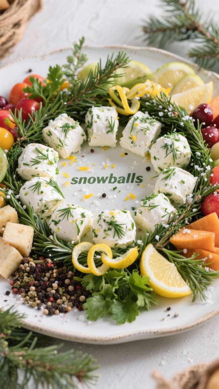 Straight-on plated presentation of a festive Farmers’ Market grazing wreath: a circular arrangement of vibrant produce framing a platter, with herbed goat cheese “snowballs” in the center—chèvre rolled with finely chopped dill, chives, parsley, lemon zest, cracked black pepper, and a pinch of kosher salt. Garnish with additional sprigs of herbs to mimic evergreen and a few lemon zest curls for sparkle. Bright, airy lighting, crisp greens and whites, clean ceramic platter; holiday-elegant yet rustic market feel, no people, professional food styling.