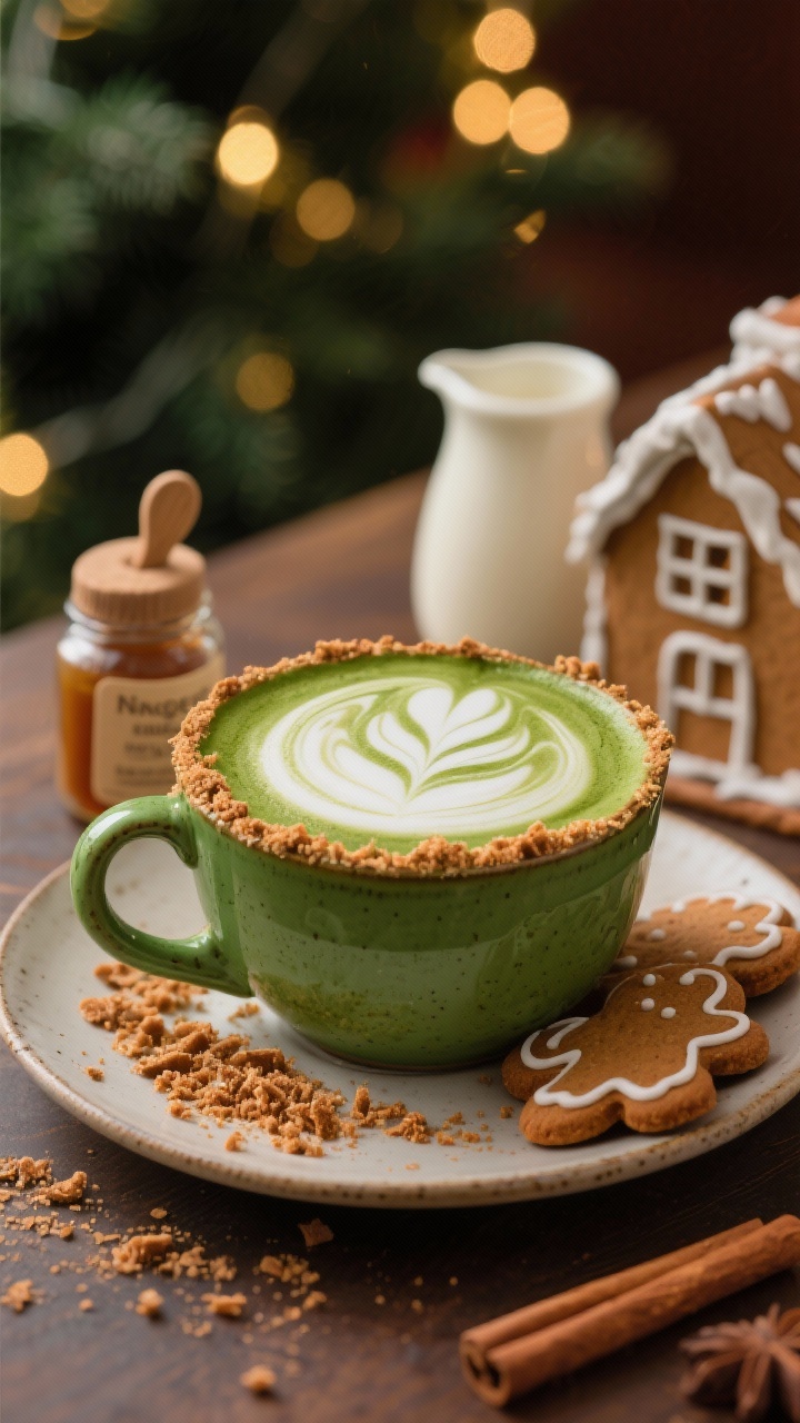 Straight-on plated presentation of a Gingerbread House Matcha Latte: vibrant green latte in a wide ceramic mug, swirled with microfoam and garnished with crushed gingerbread cookie crumbs around the rim; include a small bottle or spoon of gingerbread syrup (or a labeled DIY jar), oat milk carton or small pitcher, and whole gingerbread cookies leaning against the saucer; warm spiced color palette (caramel, molasses, cinnamon), soft holiday lights in the background, tack-sharp crumbs and velvety foam texture.