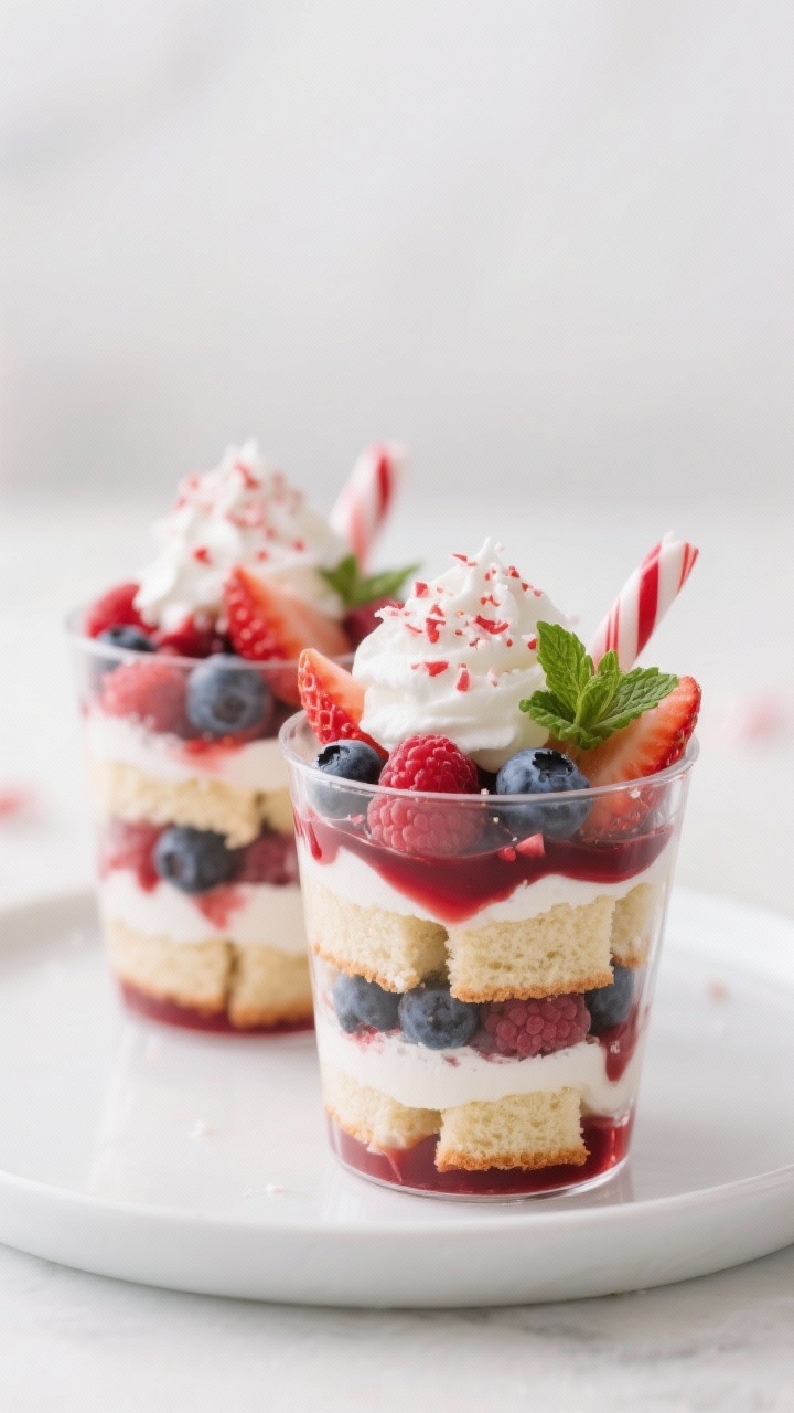 Straight-on plated presentation of a Gluten-Free Peppermint Berry Trifle in individual clear tumblers: layers of 1-inch pieces of gluten-free vanilla cake or ladyfingers, mixed berries (sliced strawberries, blueberries, raspberries), a drizzle of berry or pomegranate syrup soaking the cake, and peppermint-kissed whipped cream. Top with a dusting of finely crushed peppermint candy and a tiny mint sprig. Clean, light background, inclusive and airy holiday feel; emphasize gluten-free texture integrity and the glossy berry syrup sheen.