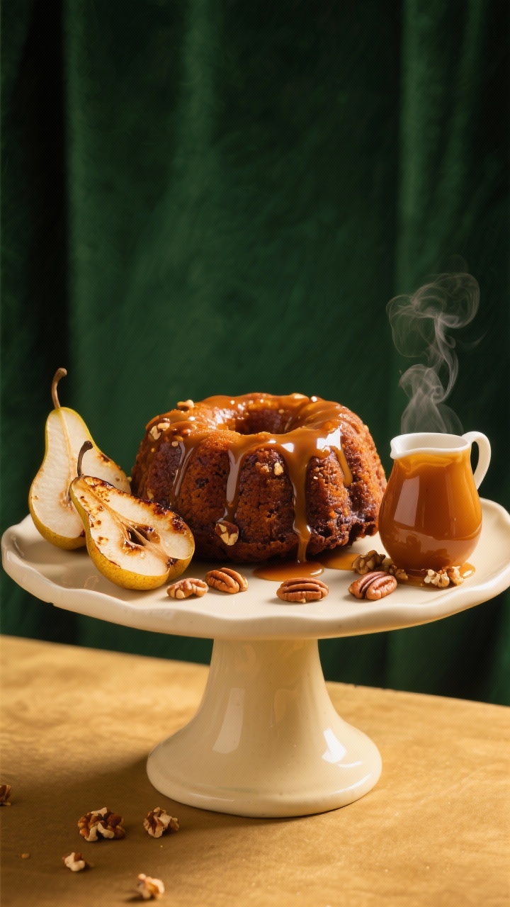 Straight-on plated presentation of a maple pecan sticky toffee pudding bundt, lacquered with glossy maple-toffee sauce, studded with toasted pecans; brûléed pear halves fanned alongside with caramelized, blistered tops; a small pitcher of warm maple sauce with steam, extra chopped pecans sprinkled at the base; set on a cream ceramic cake stand against a deep evergreen backdrop, rich golden-brown tones highlighted by directional side light.