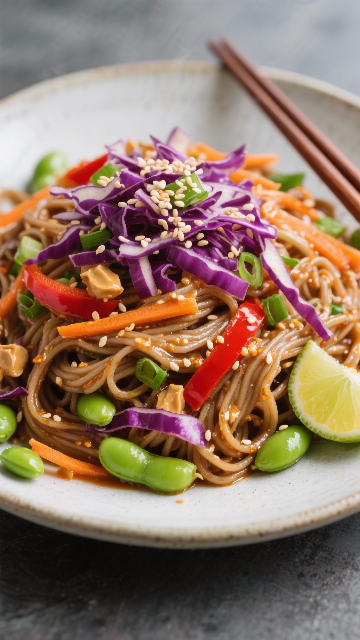 Straight-on plated presentation of a spicy peanut soba salad: buckwheat soba noodles tossed in glossy peanut sauce, piled high with shredded purple cabbage, julienned carrot, thinly sliced red bell pepper, sliced green onions, and bright green edamame; sprinkled with sesame seeds and a wedge of lime on the side; served in a shallow bowl with chopsticks resting nearby; saturated colors and a light sheen on the noodles to convey saucy, craveable texture.