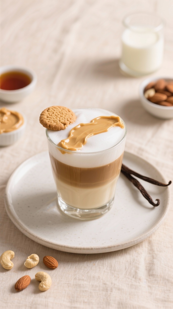 Straight-on plated presentation of a Sugar Cookie Almond Latte in a clear glass to show the light almond milk body, espresso layer, and silky microfoam. Accents: a dollop-like ribbon of cashew butter melting into the foam for a buttery cookie vibe, maple (or agave) drizzle, and a vanilla bean pod beside the glass to emphasize vanilla. Include small bowls of cashew butter, maple syrup, and almond milk in the background on a soft beige linen; bright, airy lighting, pastel tones, clean and playful styling, no people.