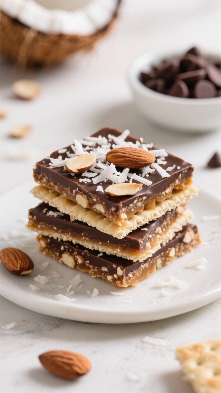 Straight-on plated presentation of Almond Joy-inspired coconut crunch toffee: neatly stacked squares showing layers of saltines, toffee, and a dark chocolate (60–70%) top sprinkled heavily with sweetened shredded coconut and scattered toasted almond slivers; a small bowl of coconut flakes and dark chocolate chips blurred behind; bright, contrasty lighting to emphasize coconut texture.