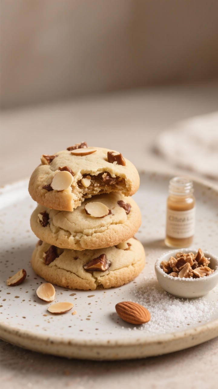 Straight-on plated presentation of Chestnut Praline Latte almond cookies: softly domed cookies with visible toasted praline bits and slivered almonds for crunch, made from butter, granulated sugar, light brown sugar, one whole egg plus one yolk, vanilla extract, almond extract, and all-purpose flour; stack a few on a speckled ceramic plate, one broken open to show toasty, nutty interior; include a small dish of praline crumble, a vial of almond extract, and a dusting of fine sugar on the rim; cozy neutral backdrop with gentle side light to highlight texture.