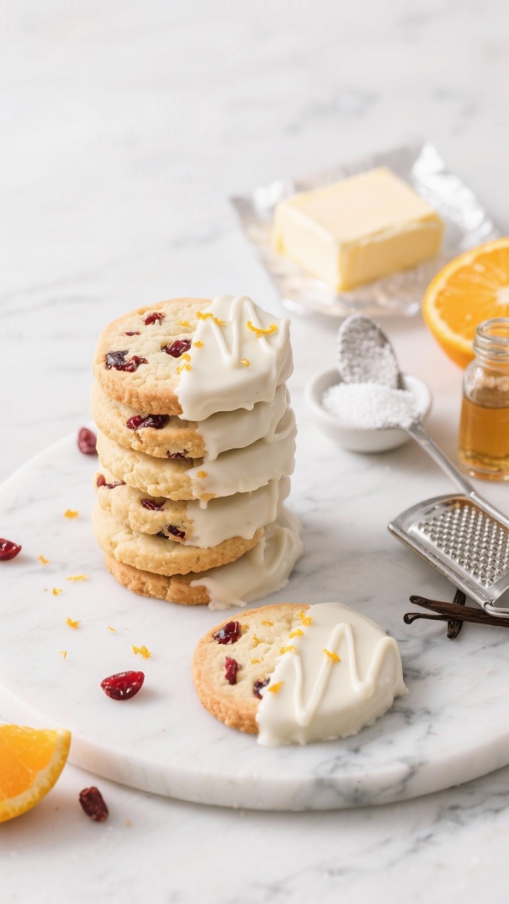 Thanksgiving Cookies That’ll Steal the Show From the Pie Straight-on plated presentation of Cranberry-Orange Shortbread rounds dipped in white chocolate: neat stacks of buttery shortbread cookies flecked with ruby dried cranberries and fine orange zest, half-dipped with a smooth, glossy white chocolate finish and a delicate zigzag drizzle; ingredients styled to the side—room-temperature butter on wrapper, powdered sugar dusting spoon, granulated sugar pinch bowl, vanilla extract, and a microplane with fresh orange; cool marble backdrop, bright clean light to emphasize crumbly texture and citrus vibrancy.