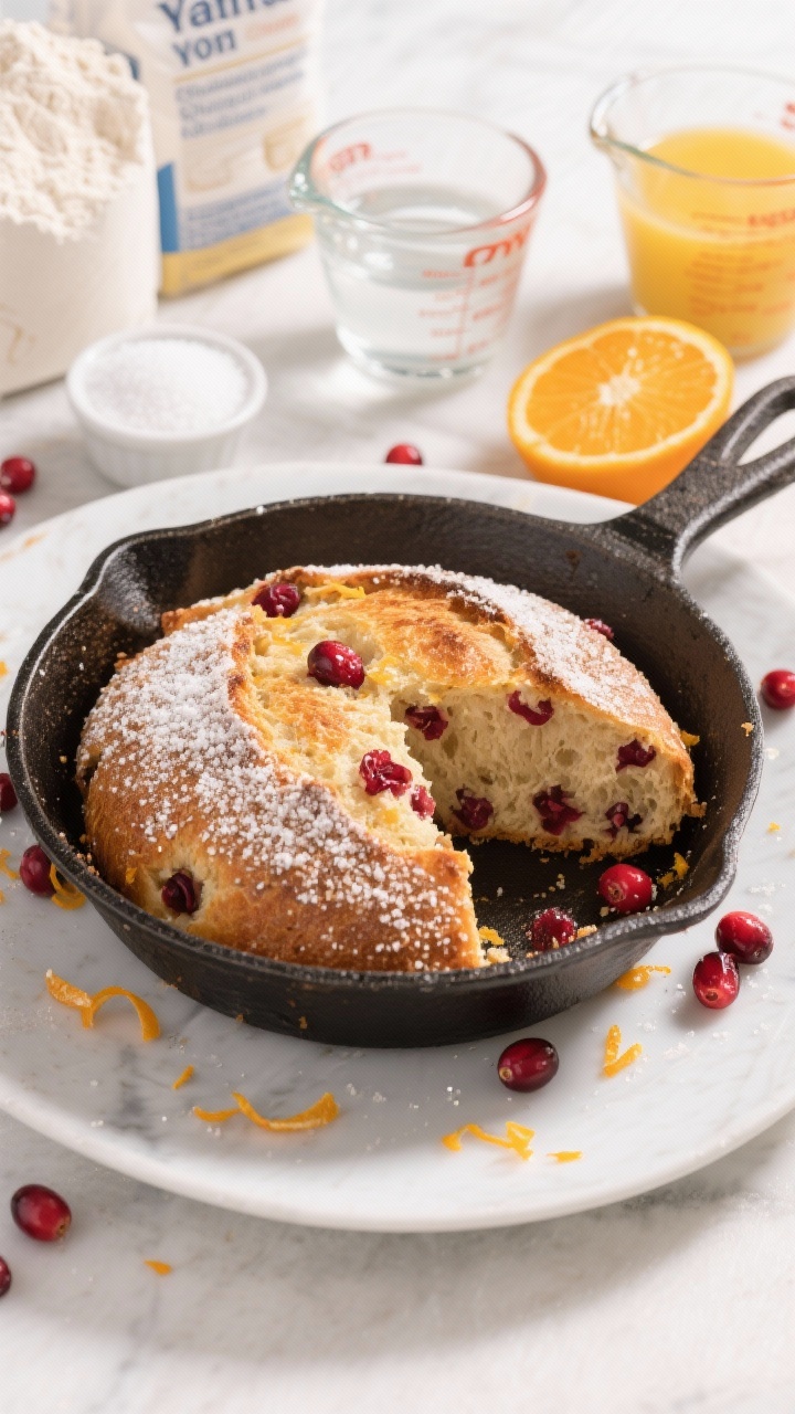 Straight-on plated presentation of cranberry orange no-knead skillet bread baked in a cast-iron pan, crust sugared on top with crackly sparkle. A wedge is cut out to show the tender, airy crumb studded with ruby cranberries and bright orange zest. Place nearby the core ingredients: all-purpose flour, instant yeast, granulated sugar, fine salt, a measuring cup of warm water, orange juice, and fresh orange with zest curls. Clean, bright daylight to emphasize citrus freshness and holiday red accents.