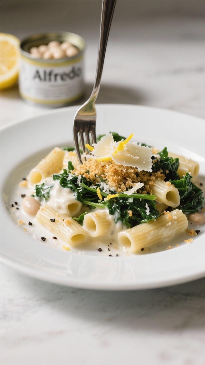 Transform Leftovers Into Gourmet Meals: Best Recipes to Try Tonight Straight-on plated presentation of creamy bean “Alfredo” pasta: short pasta (rigatoni/gemelli) coated in silky white bean sauce with lemon zest, wilted greens (spinach/kale), and golden toasted breadcrumb crunch on top; micrograted Parmesan snowfall, cracked black pepper, glossy finish; a fork twirl resting on the rim; can of white beans and lemon halves blurred in background; clean, modern styling with soft side light.