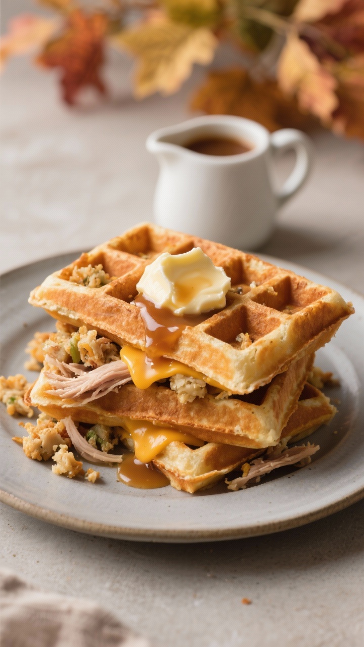 Easy Thanksgiving Leftover Recipes That Turn Yesterday’s Dinner Into Something New—and Irresistible Straight-on plated presentation of crisp, golden-brown stuffing waffles stacked and offset on a matte ceramic plate, waffle pockets visibly studded with crumbled leftover stuffing, strands of shredded turkey and melted sharp cheddar tucked into the grid; a quenelle of maple-gravy butter melting over the top, glossy sheen dripping into the waffle squares; small pitcher of extra gravy-butter behind, light autumnal props, tight depth of field for craveable texture