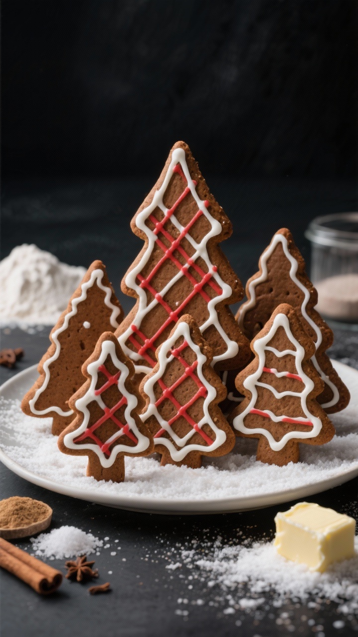 Straight-on plated presentation of Gingerbread Forest Cutouts decorated with royal icing plaid: tall tree-shaped gingerbread cookies in varying sizes standing upright like a forest, deep molasses-brown cookies scented with ground ginger, cinnamon, and cloves. Royal icing piped in white and red plaid patterns with precise lines. Include ingredient nods subtly in background blur: small mounds of flour, baking soda, fine sea salt, and a pat of softened butter. Matte dark background, powdered sugar “snow,” shallow depth of field to emphasize icing texture and cookie edges.
