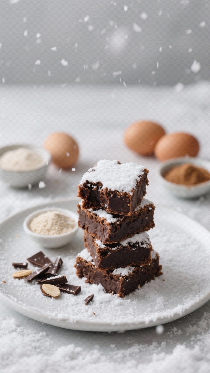 Straight-on plated presentation of Gluten-Free Almond Flour Brownies stacked in a tidy tower on a matte white plate, with a fine “snow” of powdered sugar dusted over the top to evoke snowfall; show dark chocolate shards, a small dish of almond flour, bowls of granulated and brown sugars, and three room-temperature eggs styled behind; tight crumb texture visible where one brownie is bitten, rich dark chocolate sheen at the edges, cool wintery light, neutral backdrop, refined and elegant.