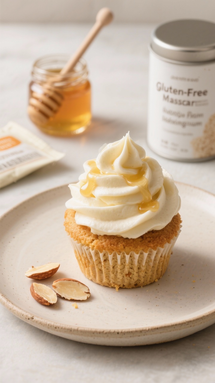 Straight-on plated presentation of gluten-free almond pumpkin cupcakes crowned with a generous swirl of honey mascarpone frosting, garnished with a light drizzle of honey and a few toasted almond slices. Texture-forward crumb showing fine almond flour, slightly golden edges. In the background: a small jar of honey with a dipper, a packet labeled gluten-free baking powder, and a canister marked gluten-free all-purpose blend with xanthan gum. Neutral ceramics, soft natural light, crisp focus on frosting’s creamy peaks, no people.