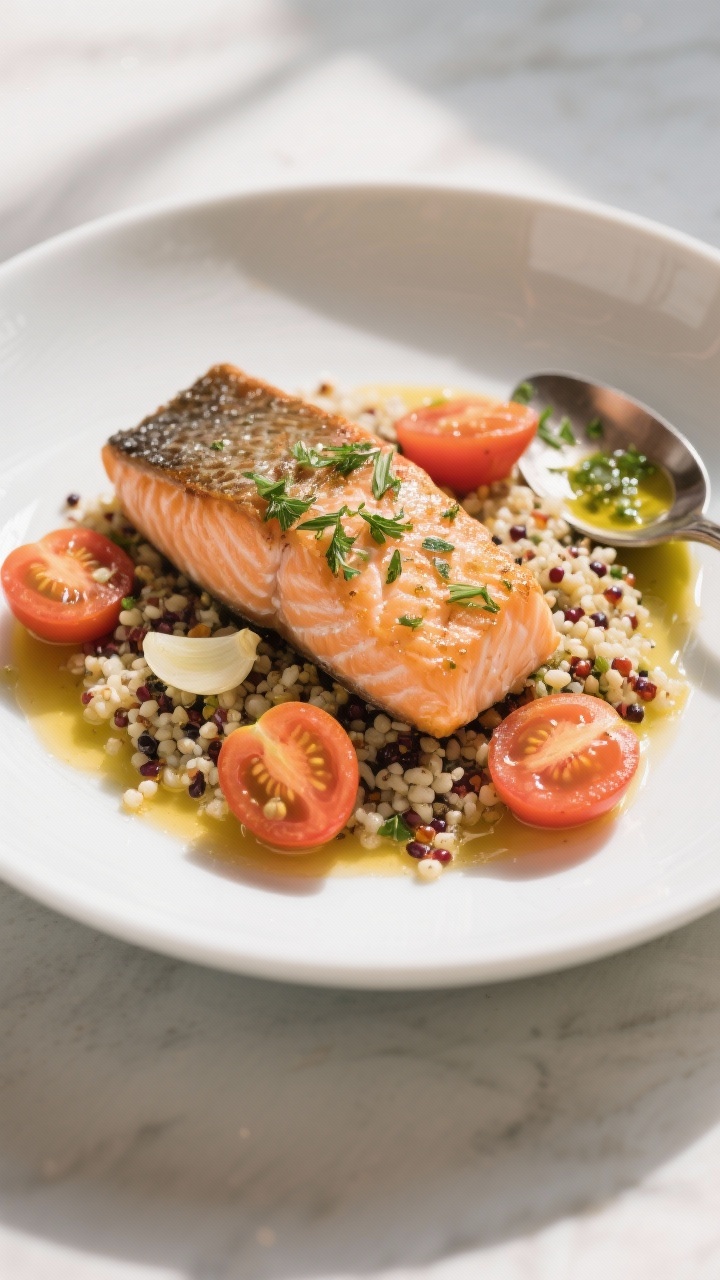 Straight-on plated presentation of herbed salmon with tomatoes and quinoa: a fillet of salmon sprinkled with herbs resting atop fluffy tri-color quinoa cooked in low-sodium broth, halved cherry tomatoes burst and saucy around the fish, thinly sliced garlic visible and lightly golden, a drizzle of olive oil catching the light; served in a shallow white bowl with a spoonful of extra herby tomato pan juices; crisp, natural daylight for a fresh, minimal, cooks-itself feel.