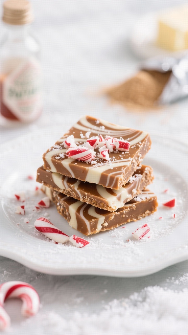 Straight-on plated presentation of Holiday Peppermint Bark Toffee with snowy swirls: jagged squares stacked on a white ceramic plate, milk and white chocolate swirled over a toffee-saltine base, topped with crushed candy cane pieces; a hint of peppermint extract bottle blurred in the background, light brown sugar and butter wrapper just out of focus; cool, wintry styling with a pale backdrop and soft highlights that make the red-and-white peppermint sparkle.