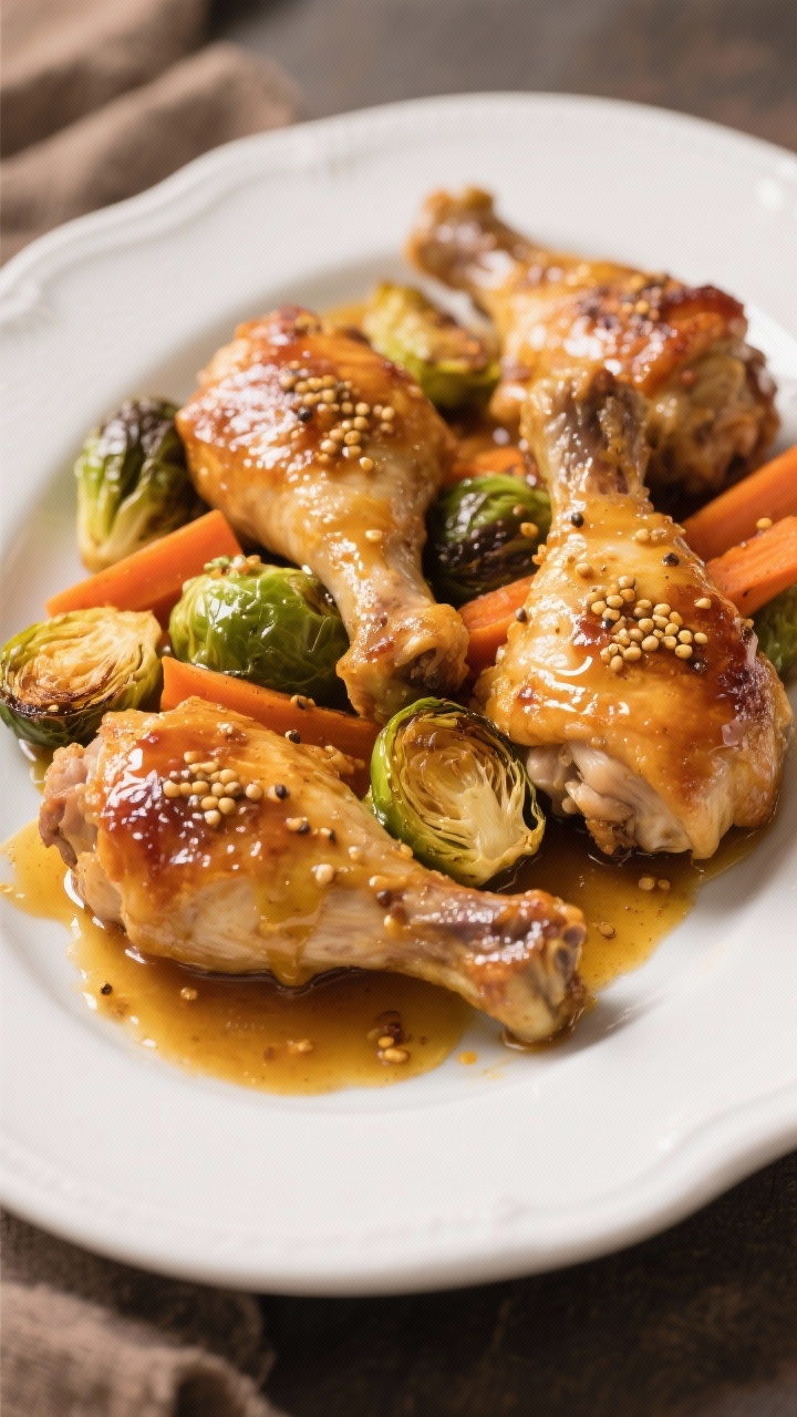 10 Easy One-pan Chicken Dinners for Busy Weeknights That Taste Like Weekend Treats Straight-on plated presentation of honey-mustard chicken with veggies: four bone-in, skin-on chicken thighs lacquered with a glossy Dijon and honey glaze, nestled with roasted halved Brussels sprouts and carrot slices cut on a bias; visible whole grain mustard seeds dotting the glaze, caramelized edges on sprouts and carrots; served on a white rimmed plate with extra sauce drizzled, warm golden light.