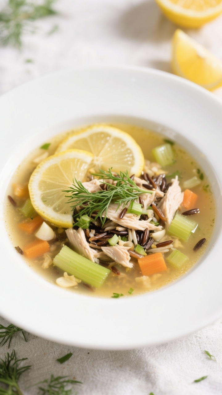 Straight-on plated presentation of Lemony Herb Chicken & Wild Rice Soup that brightens gray days: bright, light-golden broth with ribbons of leek, diced celery and carrot, minced garlic, shredded chicken, and wild rice; thin lemon slices and zest curls on top, sprinkled with fresh dill and parsley for a sunlit, herbal pop; served in a white wide-rim bowl on a pale linen, lemon halves and herb sprigs scattered; crisp, high-key lighting to emphasize freshness and citrus clarity, no people.