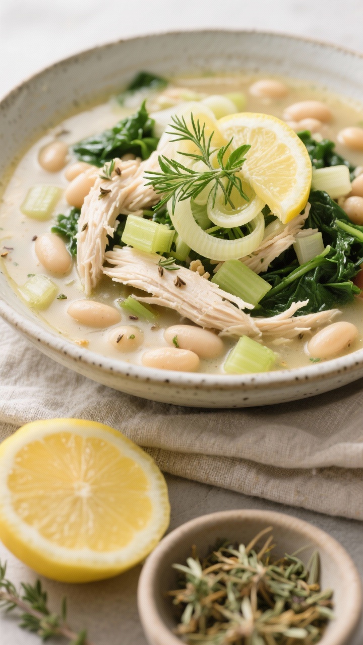 Straight-on plated presentation of lemony herb white bean chicken chili with greens: pale, lemon-tinted broth brimming with shredded chicken, cannellini beans, thinly sliced sautéed leeks, diced celery, and tender greens wilted through; thyme leaves and cumin speckles visible; finished with a bright squeeze of lemon and zest curls on top, a few dill and parsley sprigs for fresh herb pop; served in a shallow stoneware bowl on a linen napkin, a lemon half and a small bowl of dried thyme in the foreground; fresh, vibrant, clean light.