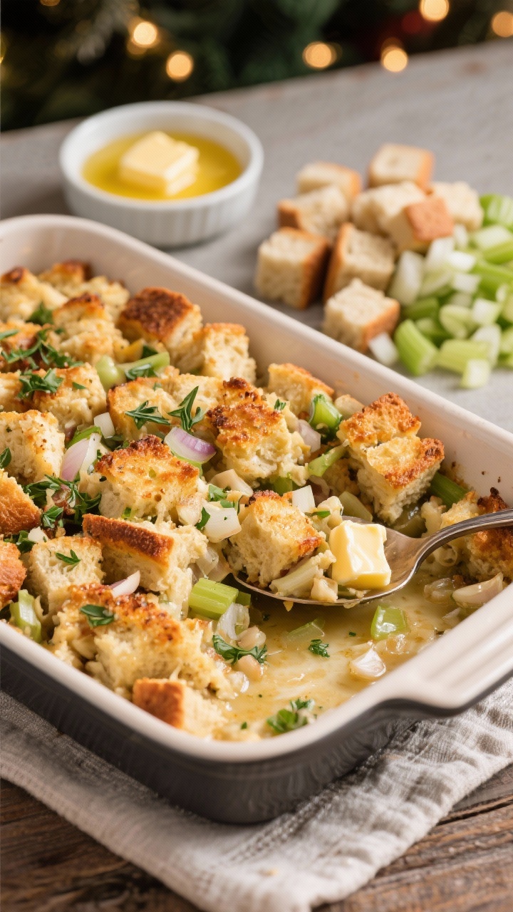 Straight-on plated presentation of Make-Ahead Sourdough Herb Stuffing: golden, crisp-topped cubes of day-old sourdough with visible bits of onion, celery, and minced garlic, flecked with fresh herbs; butter sheen on the surface and soft, custardy interior peeking through a serving spoon scoop; set in a rectangular baking dish on a linen, with a small dish of melted butter and a pile of uncooked 1-inch bread cubes and chopped celery/onion in the background to hint at prep; warm, cozy holiday mood.