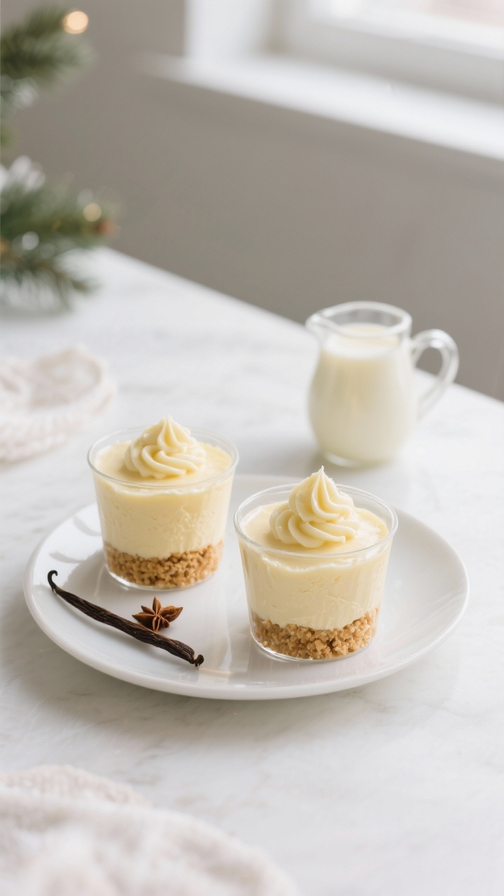 Straight-on plated presentation of no-bake eggnog cheesecake cups in clear glass tumblers: graham cracker crumb base glistening with butter, creamy pale-yellow eggnog cheesecake layer piped smoothly, a light dusting of nutmeg, vanilla pod and a small pitcher of eggnog nearby; minimalist holiday styling on a white table with soft window light.