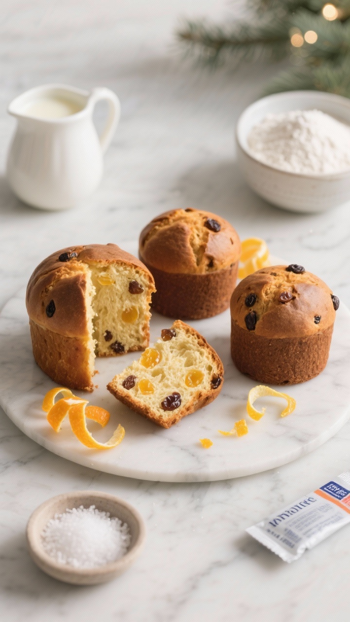 Straight-on plated presentation of panettone-style mini loaves: three small domed loaves with a bronzed, tender crumb shown in one strategic slice, studded with candied citrus and golden raisins. Garnish with curls of orange and lemon zest to echo the dough’s citrus aroma. Include props suggesting ingredients—warm milk in a small pitcher, a bowl with bread flour and sugar, an instant yeast packet, and a pinch dish of fine sea salt—blurred in the background. Clean, elegant holiday vibe on a light marble surface with gentle highlights.