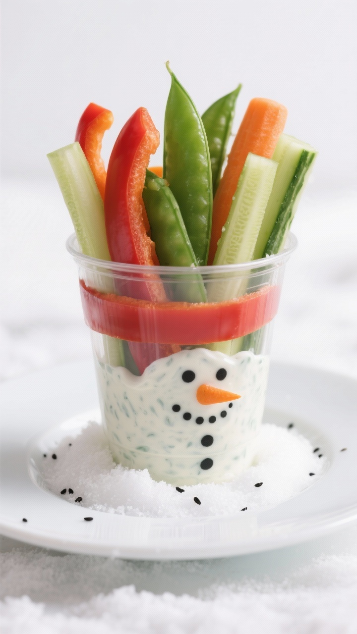 Straight-on plated presentation of snowman veggie cups: clear plastic cups with a thick “snowdrift” layer of ranch dressing at the bottom, neatly arranged vertical sticks of cucumber, red bell pepper, snap peas, and baby carrots forming colorful “scarves,” with tiny black sesame seeds and a mini carrot tip pressed on the outside of the cup to suggest a snowman face. Clean white background, bright natural light, vibrant colors, tight composition emphasizing freshness and crunch.