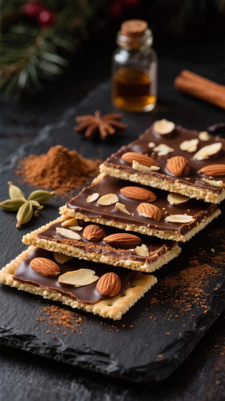 Straight-on plated presentation of Spiced Chai Almond Cracker Toffee: neat rectangles of saltine/matzo-based toffee coated in chocolate and dusted with a chai-inspired blend—ground cardamom and cinnamon—topped with slivered toasted almonds. Arrange pieces slightly overlapping on a matte black slate, with spice mounds (cardamom, cinnamon) and a vial of vanilla extract styled behind. Side light to accent the spice dusting and almond texture, moody, modern holiday tin glow-up vibe, crisp edges and glossy chocolate contrast.