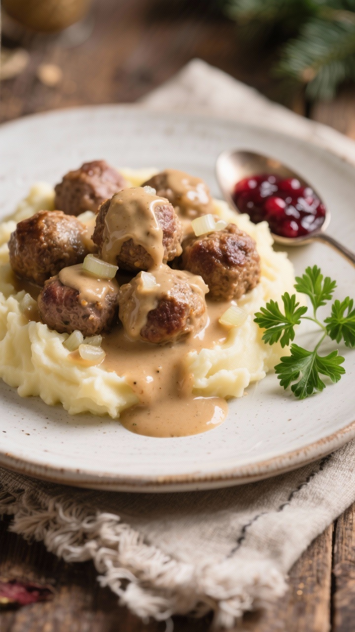 Straight-on plated presentation of Swedish-ish holiday meatballs with silky gravy: tender beef-and-pork meatballs nestled on creamy mashed potatoes, generously ladled with smooth beige gravy, specks of finely minced onion visible; a small spoonful of lingonberry-style jam at the side for classic contrast, sprinkle of parsley for freshness; warm, cozy tones with a linen napkin and rustic plate; soft focus background, gravy sheen captured with gentle highlights.