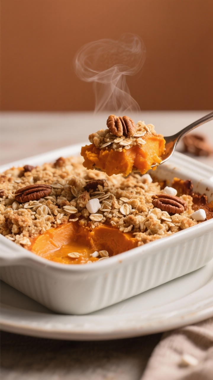 Simple Vegan Thanksgiving Side Dishes for a Stress-free Holiday That Wow Straight-on plated presentation of sweet potato casserole with pecan-oat streusel: a deep baking dish with a glossy, vibrant orange sweet potato base, topped with a chunky, golden-brown pecan-oat crumble that’s visibly crisp and nutty—no marshmallows; a serving spoon lifts a portion to show the contrast between creamy interior and crunchy topping; subtle cinnamon-colored backdrop, gentle side light to catch crumble texture and steam.